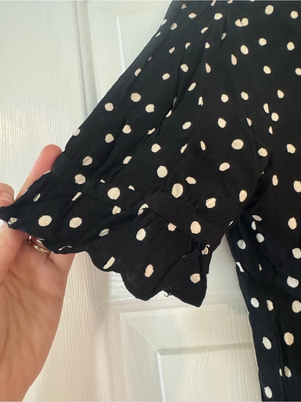 Madewell Black Polka Dot Tie-Front Puff Sleeve Top